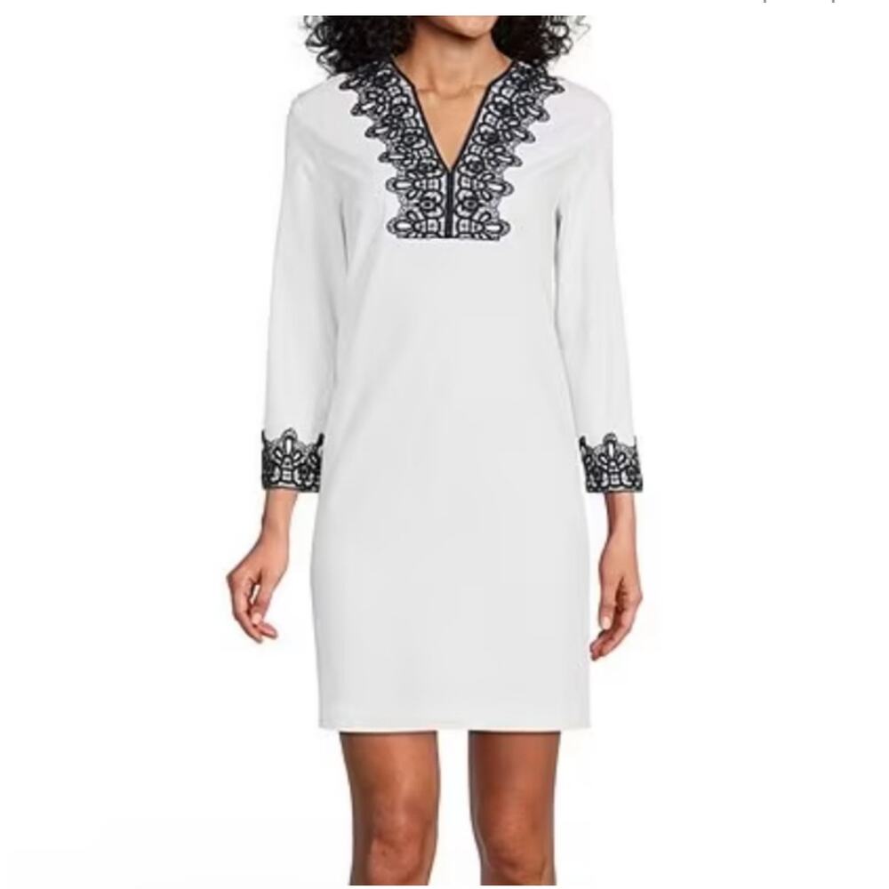 Preston & York Tabitha Stretch Linen Blend Dress Embroidered White Navy Size 6